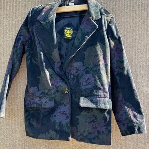 Fox Run Floral Corduroy Boyfriend Blazer in Blue with Pockets Women’s Sz 11/12